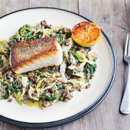 Pic of Pan-fried pollock and lentils with leeks, spinach and burnt Lemon