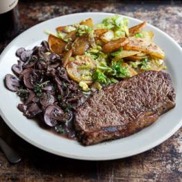 Pic of Sirloin steak, mushroom and red wine sauce with sauté potatoes and shredded sprouts