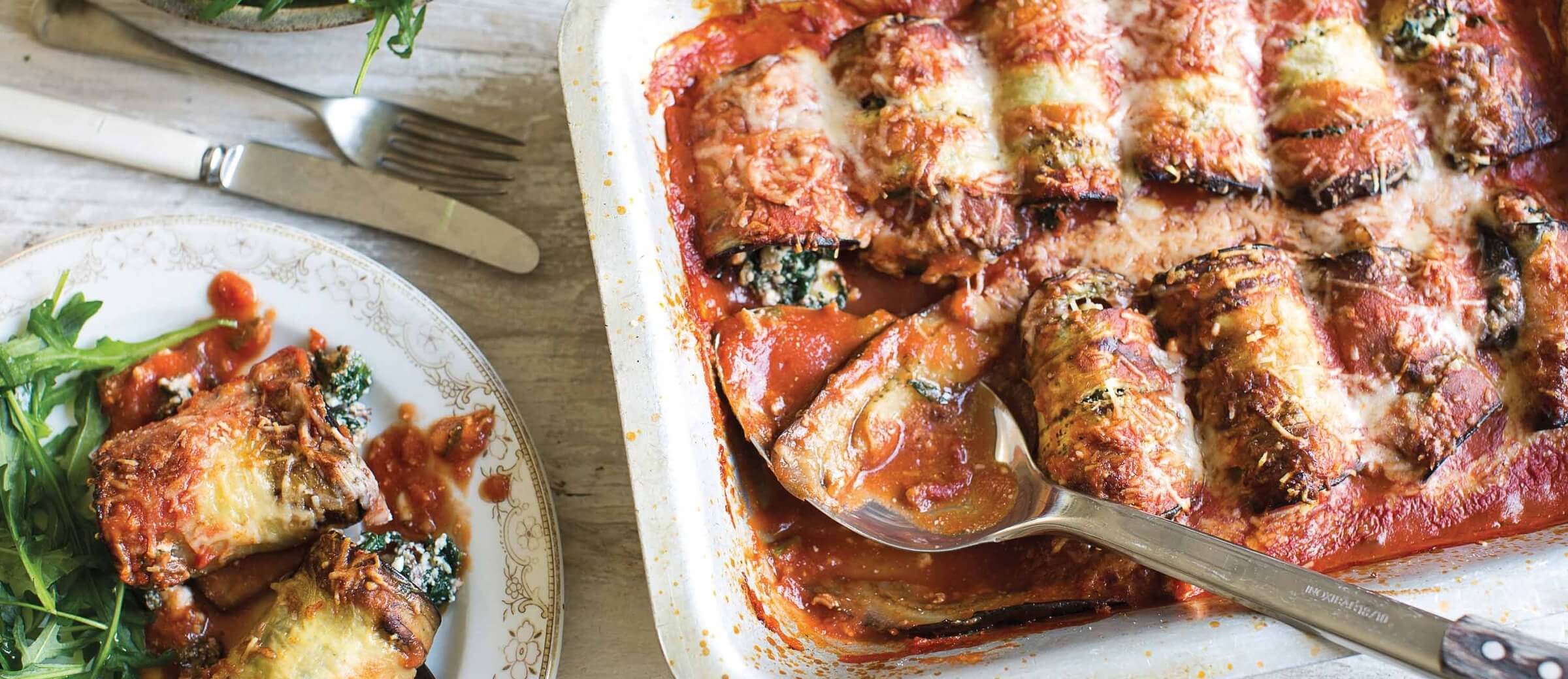 Aubergine involtini with ricotta, raisins, pine nuts & roc... / Riverford