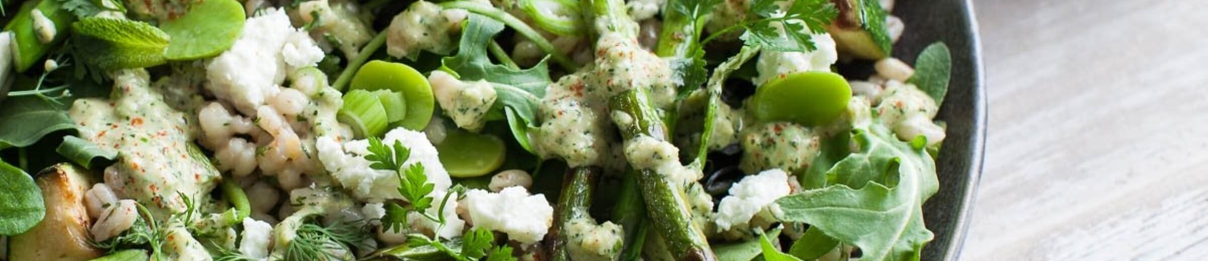 Barley, spring veg and sheep's cheese with avocado and kef... / Riverford