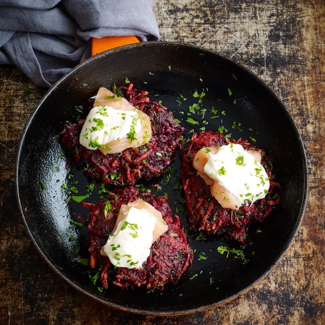 Beetroot, potato and horseradish röstis recipe / Riverford