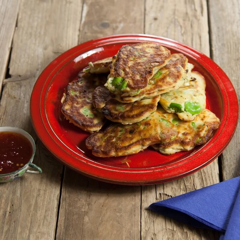 Broad bean fritters with sweet chilli sauce recipe / Riverford
