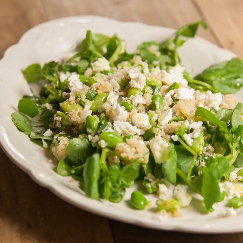Broad bean, quinoa, watercress and feta recipe / Riverford