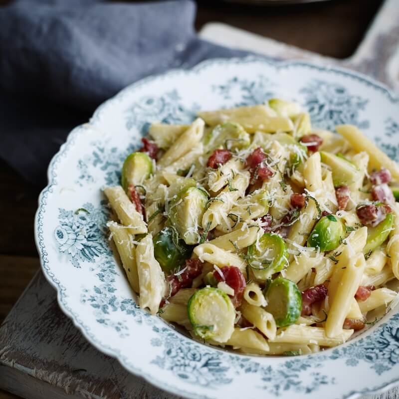 Brussels sprout and pancetta pasta with sage and roast gar... / Riverford