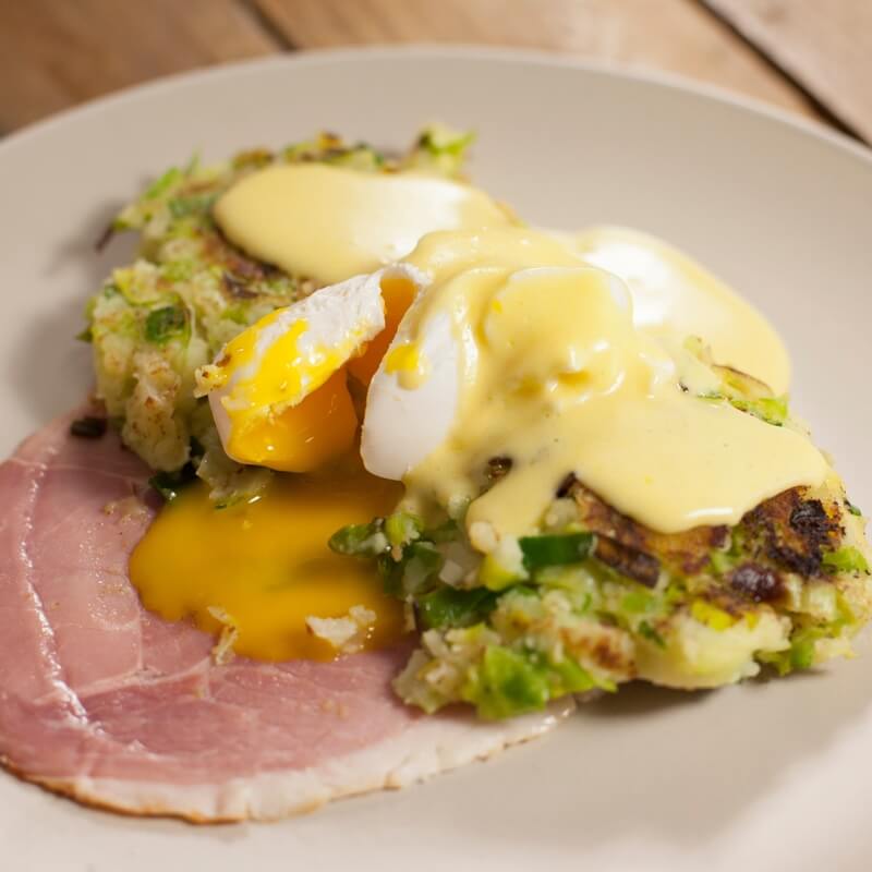 Bubble and squeak with ham, poached egg and mustard hollan... / Riverford