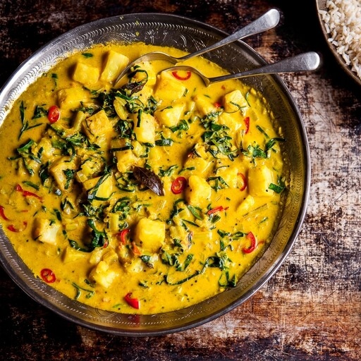 Celeriac curry with chard and cardamom rice recipe / Riverford