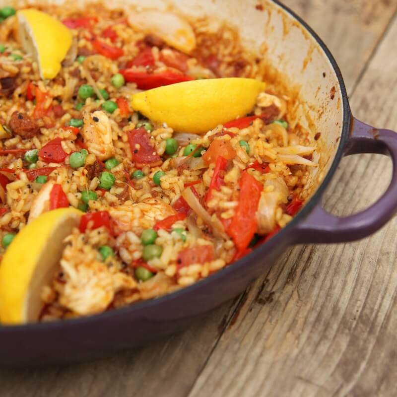 Chicken and chorizo paella recipe / Riverford