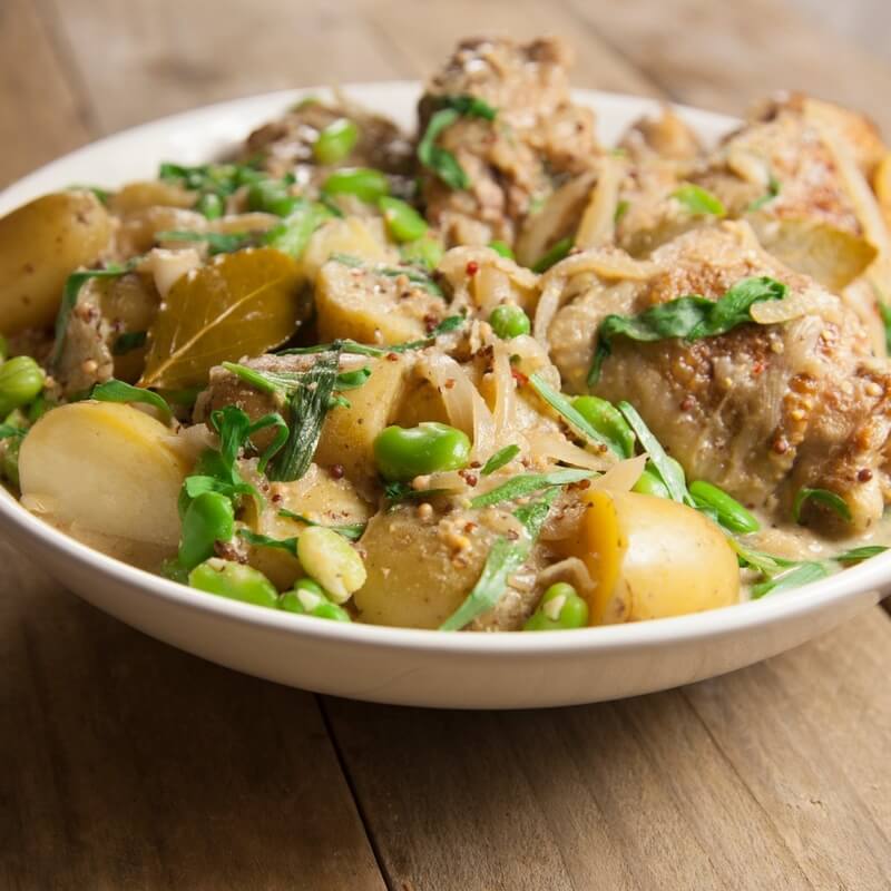 Chicken, broad beans and new potatoes with mustard and tar... / Riverford