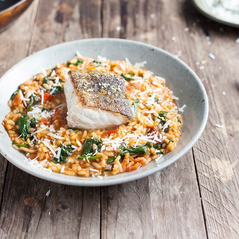 Crispy Panfried Fish with Spinach and Tomato Risotto / Riverford