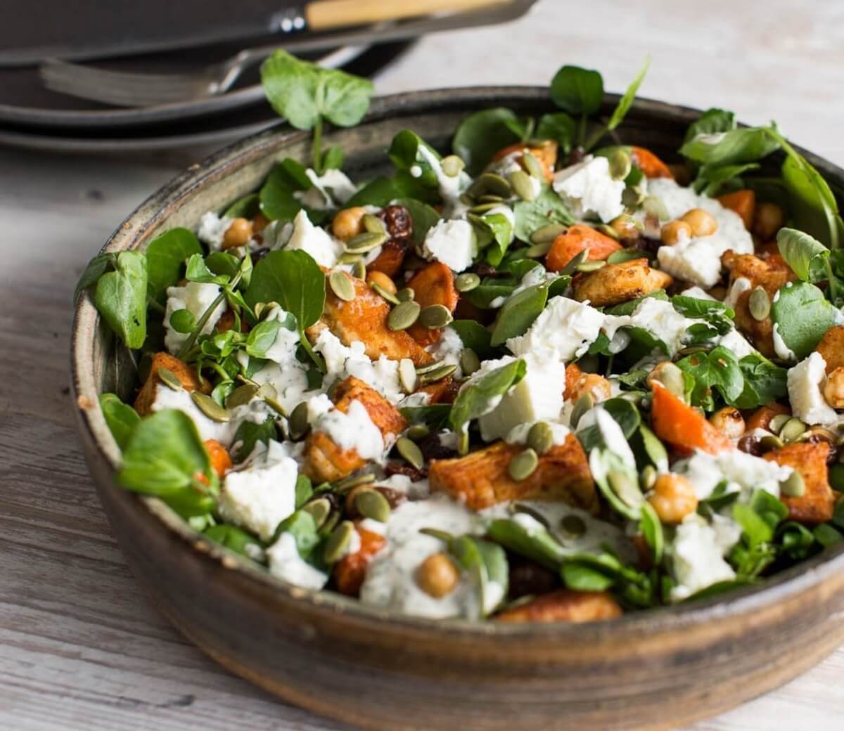 Harissa chicken and carrot salad with chickpeas, tahini and Wootton white Harissa chicken and carrot salad with chickpeas, tahini and Wootton white