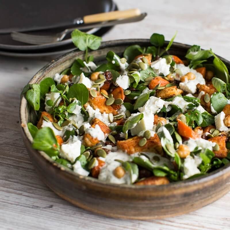 Harissa chicken and carrot salad with chickpeas, tahini an... / Riverford
