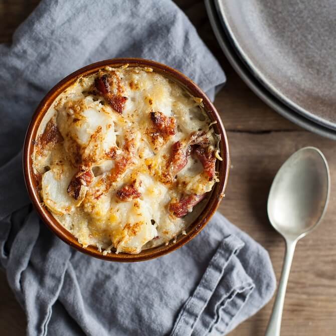Bacon, leek and potato gratin recipe / Riverford