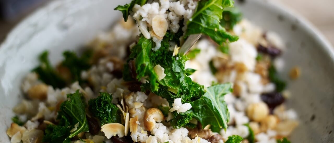 Kale, fruit and nut pilaf recipe / Riverford