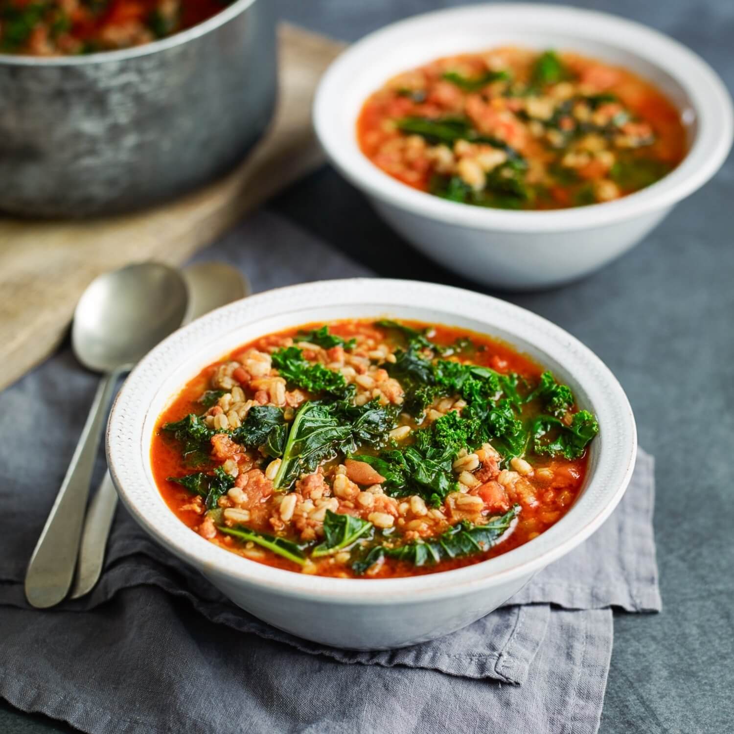 Kale, spelt & chorizo big soup recipe / Riverford
