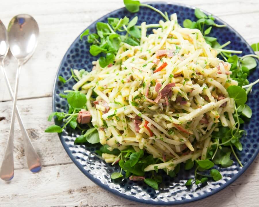 Kohlrabi, apple and pastrami salad recipe / Riverford