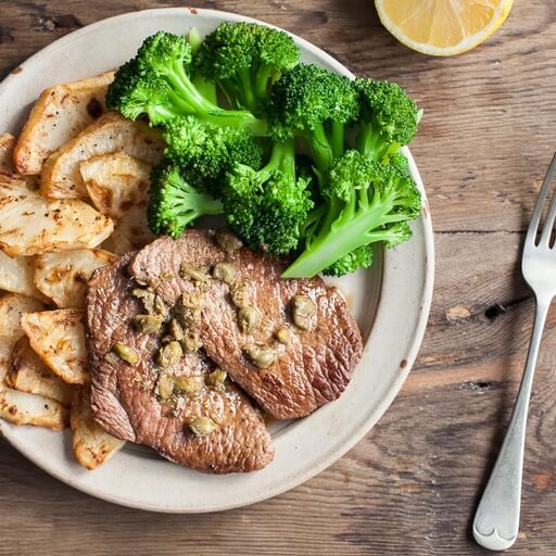 Lemon and caper beef escalopes with celeriac recipe / Riverford