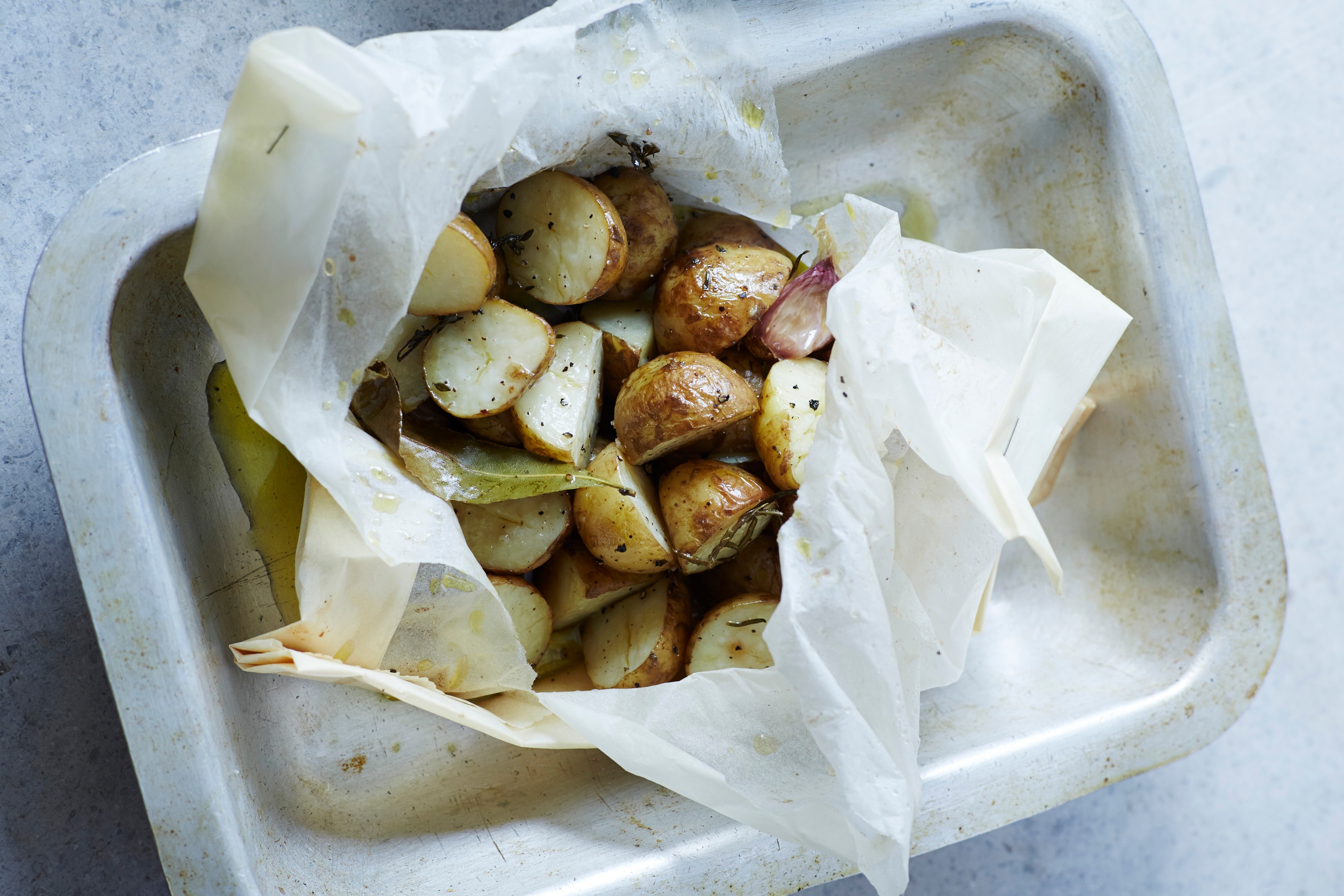 Salt and vinegar roasted Jersey Royal potatoes recipe / Riverford