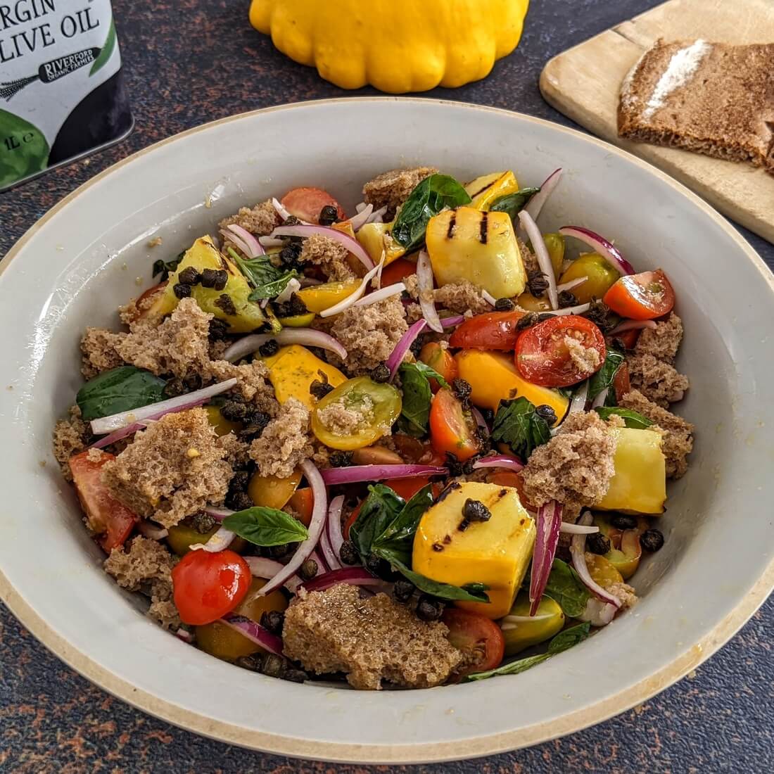 Grilled patty pan squash panzanella recipe / Riverford