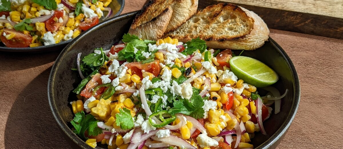 Chargrilled sweetcorn and feta salad recipe / Riverford