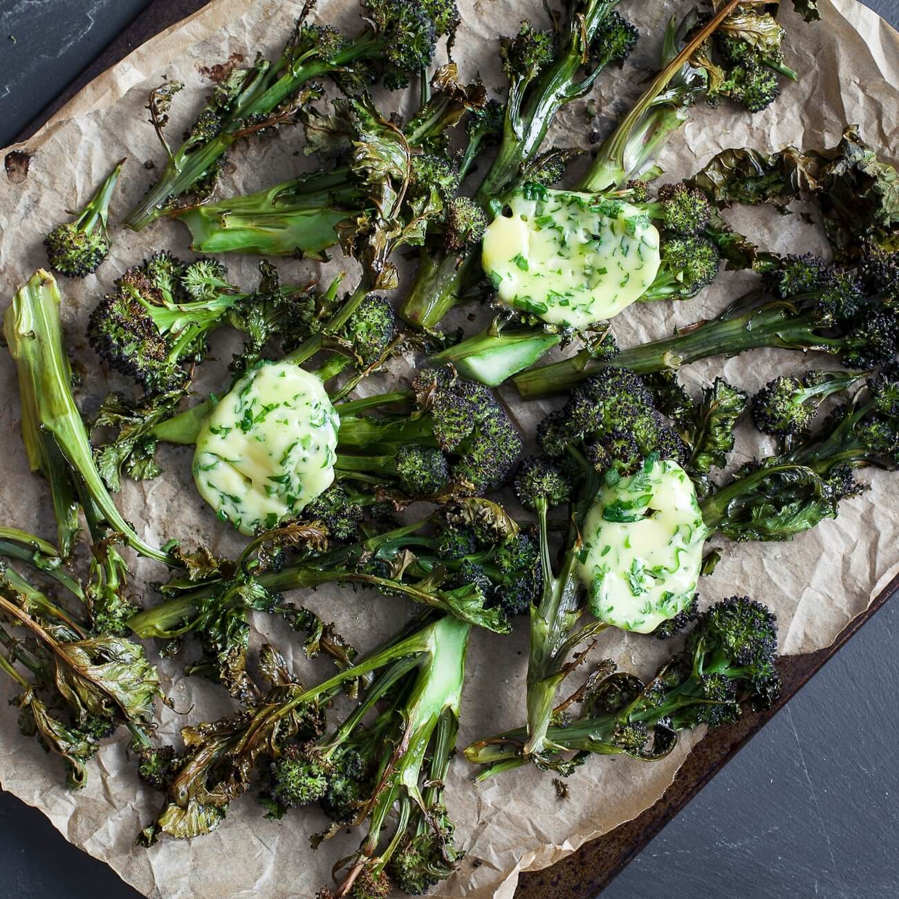 Roasted purple sprouting broccoli with wild garlic butter / Riverford