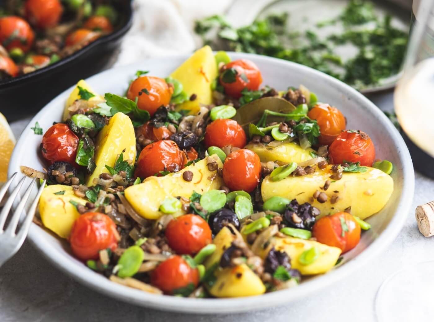 Saffron potatoes with Greek broad beans recipe / Riverford