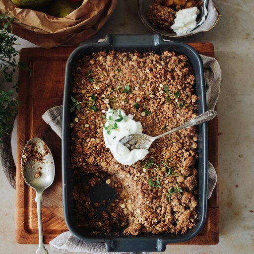 Apple, pear and peanut butter crumble recipe / Riverford
