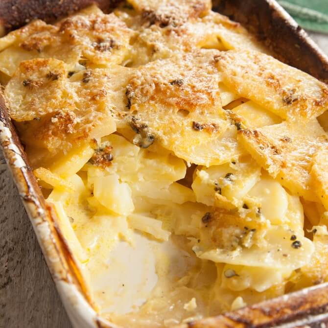 Swede, leek and bacon gratin recipe / Riverford