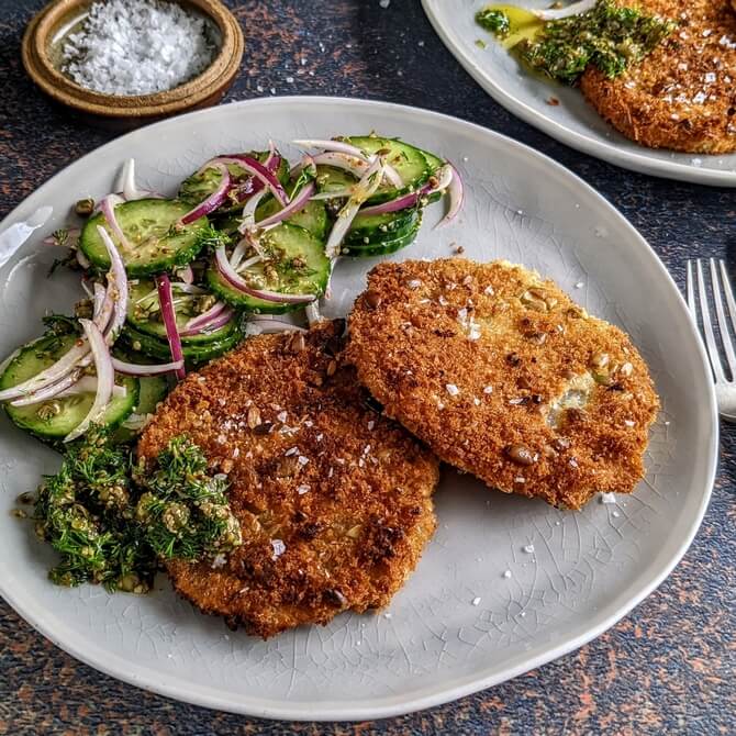 Kohlrabi schnitzels with dill & caper dressing recipe / Riverford