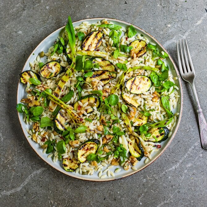 Charred Courgette, Lemon & Caper Orzo recipe / Riverford