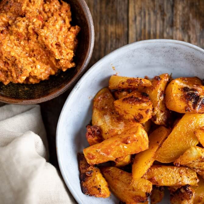 Kohlrabi wedges with romesco sauce recipe / Riverford