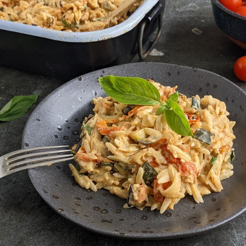 Baked feta and summer veg orzo recipe / Riverford