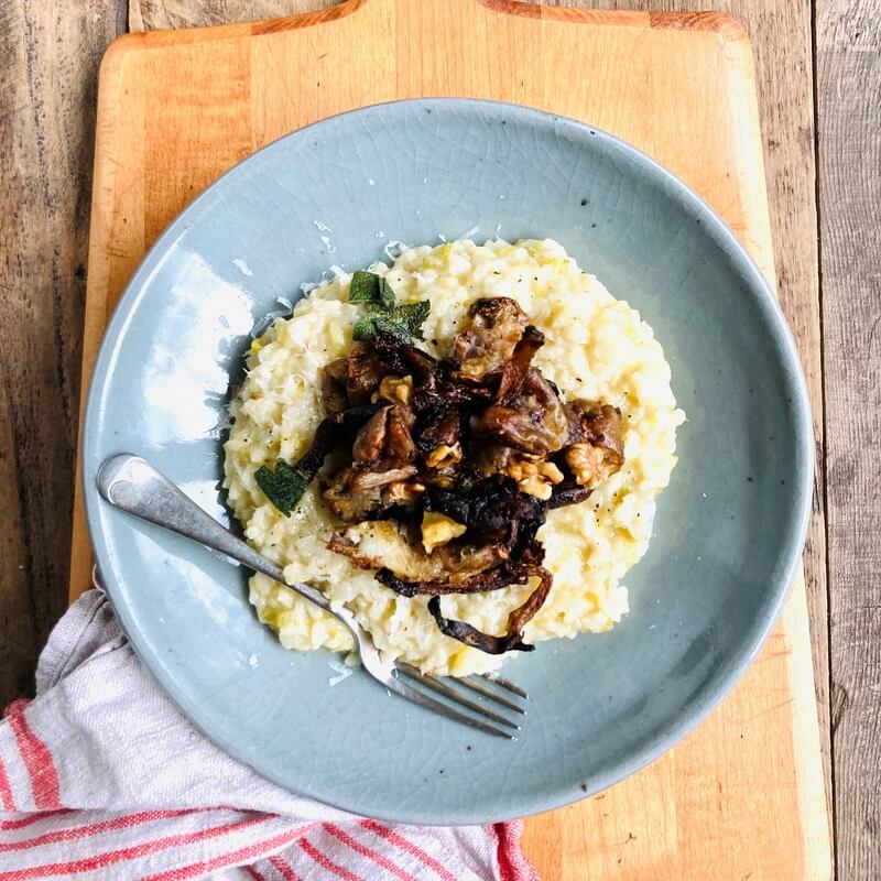 Jerusalem artichoke risotto with mushrooms, sage & walnuts / Riverford