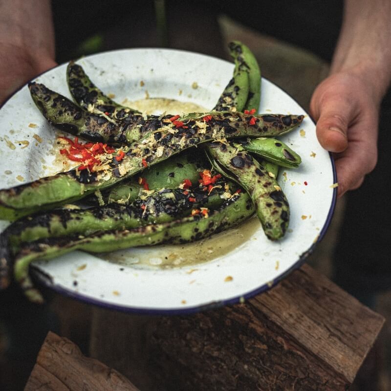 Whole grilled broad beans with chilli & lemon recipe / Riverford
