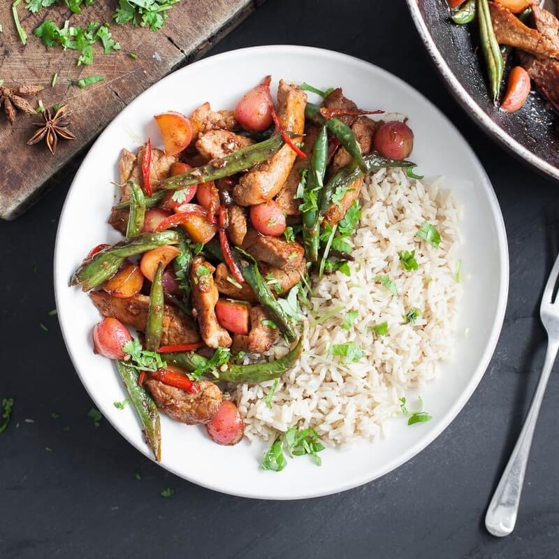 Teriyaki pork and braised radishes with star anise rice / Riverford