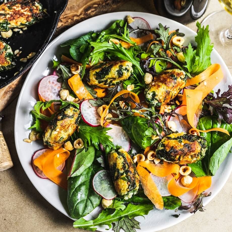 Fried gnocchi and purple sprouting broccoli with roasted t... / Riverford