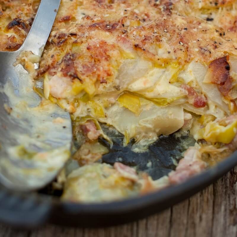 Potato, leek and pancetta gratin recipe / Riverford
