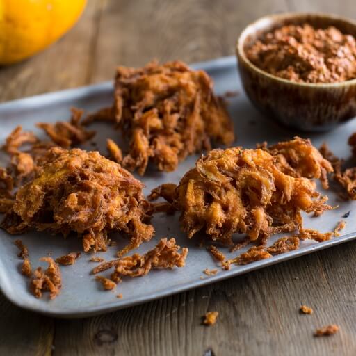 Pumpkin fritters with romesco recipe / Riverford