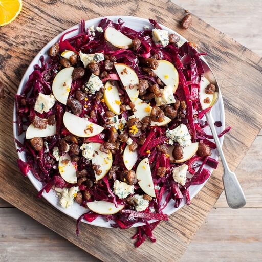 Red cabbage salad with beetroot, blue cheese and crispy ch... / Riverford