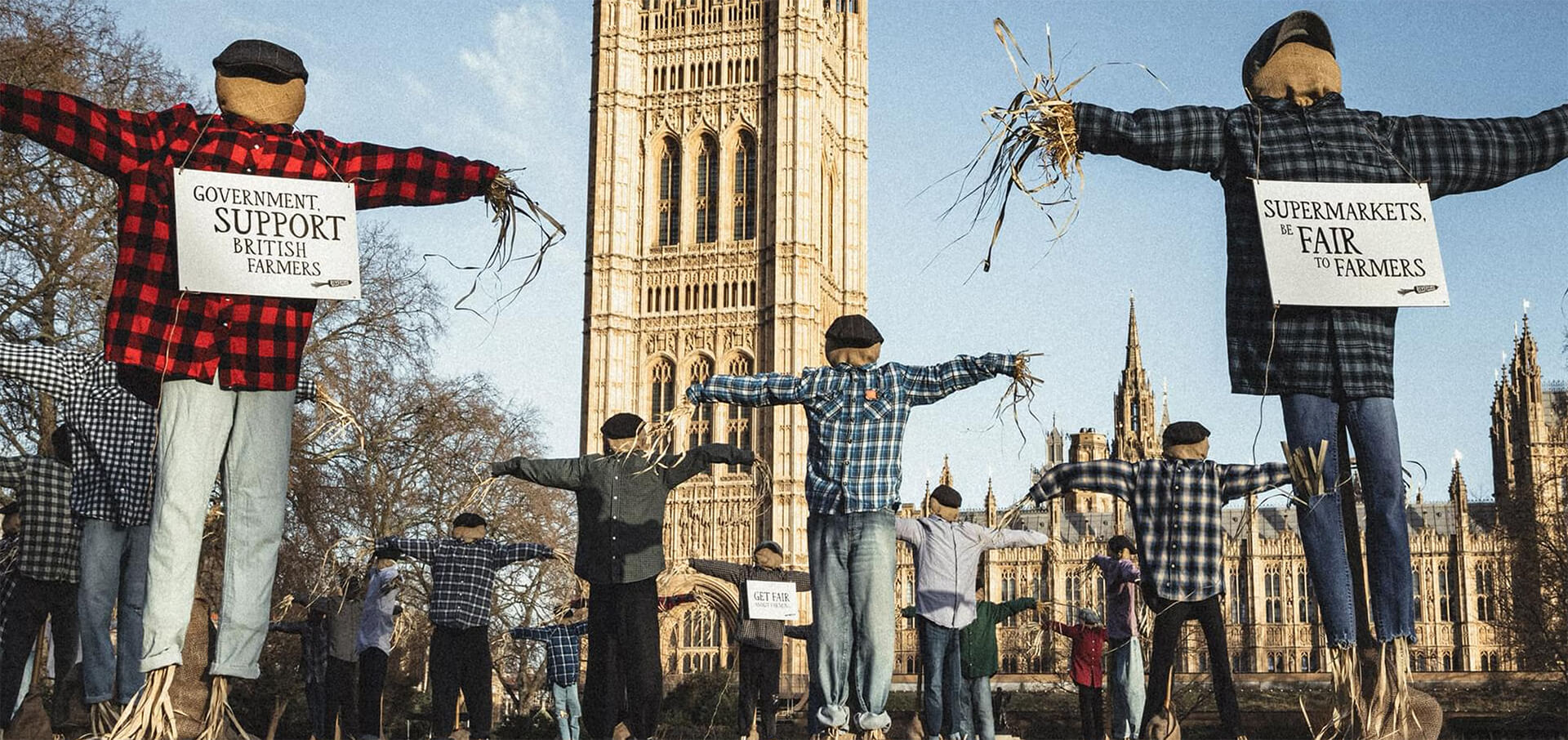 Riverford's Get Fair About Farming scarecrow at the Houses of Parliament campaign photograph including scarecrows dressed up as farmers displaying campaign messaging
