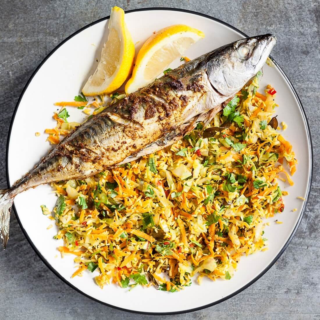 Roast spiced mackerel with coconut cabbage and carrot thor... / Riverford