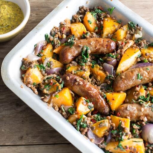 Sausage and squash bake with lentils, red onions, spinach / Riverford