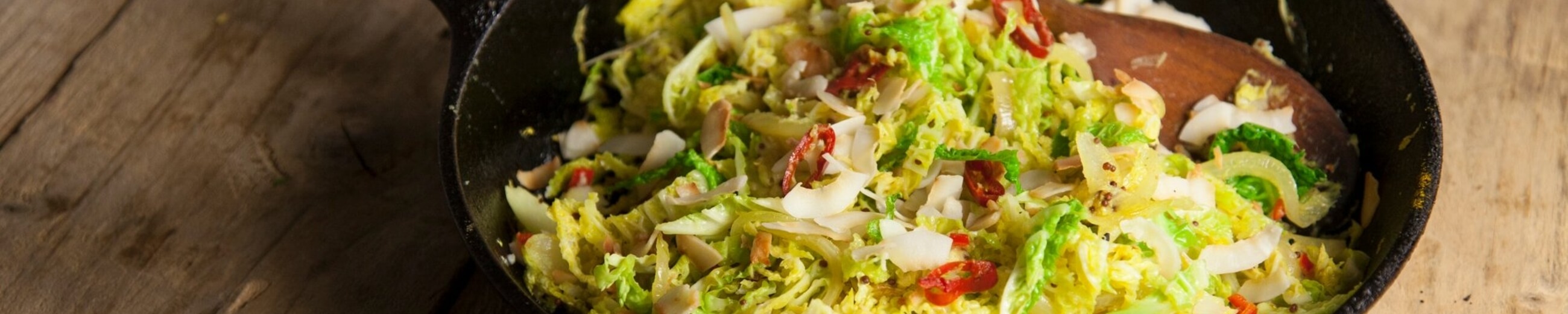 Savoy cabbage thoran with sticky jasmine rice recipe / Riverford