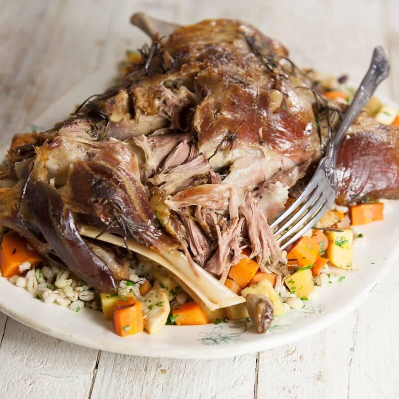 Slowcooked lamb shoulder with root veg and homemade mint / Riverford