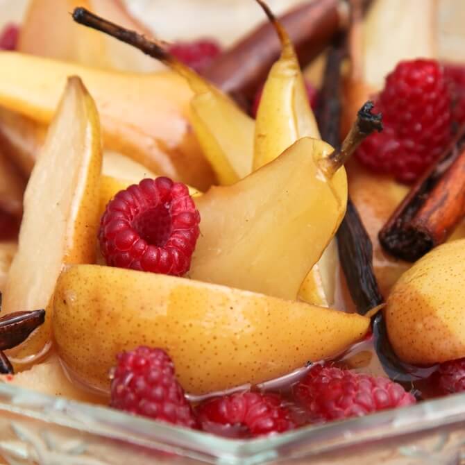 Spiced pears with raspberries recipe / Riverford