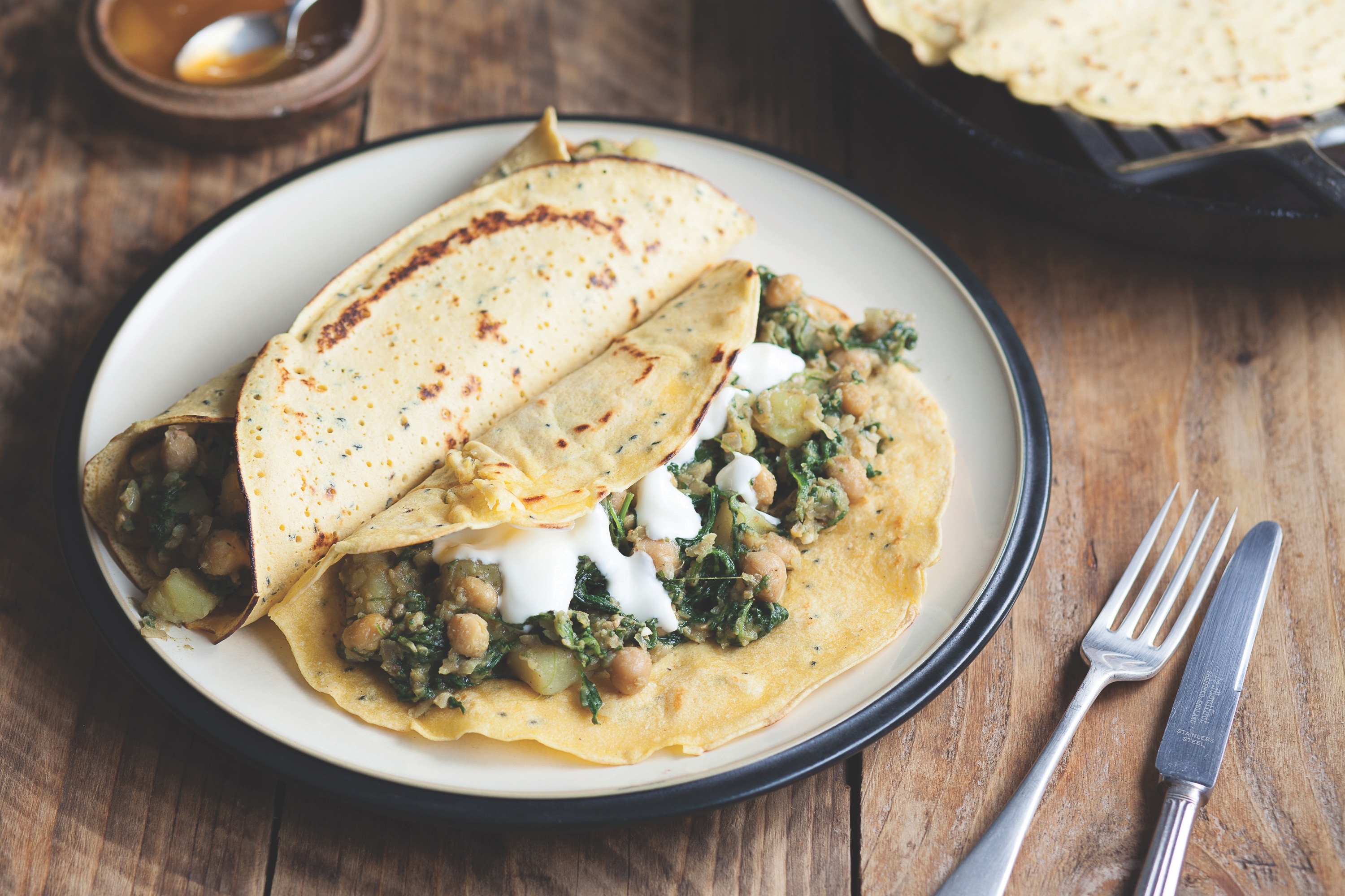 Spinach, potato & chickpea pancakes recipe / Riverford