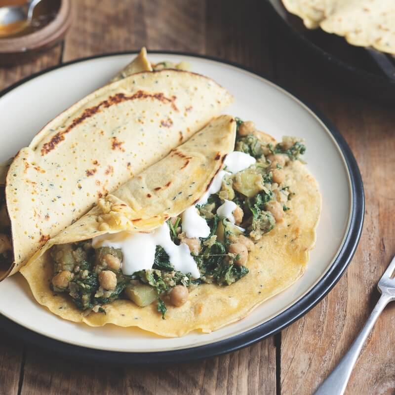 Spinach, potato and chickpea pancakes recipe / Riverford