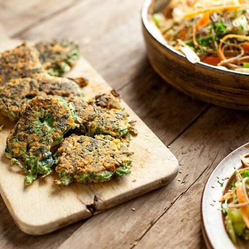 Spring green and wasabi fritters with soba noodle salad / Riverford