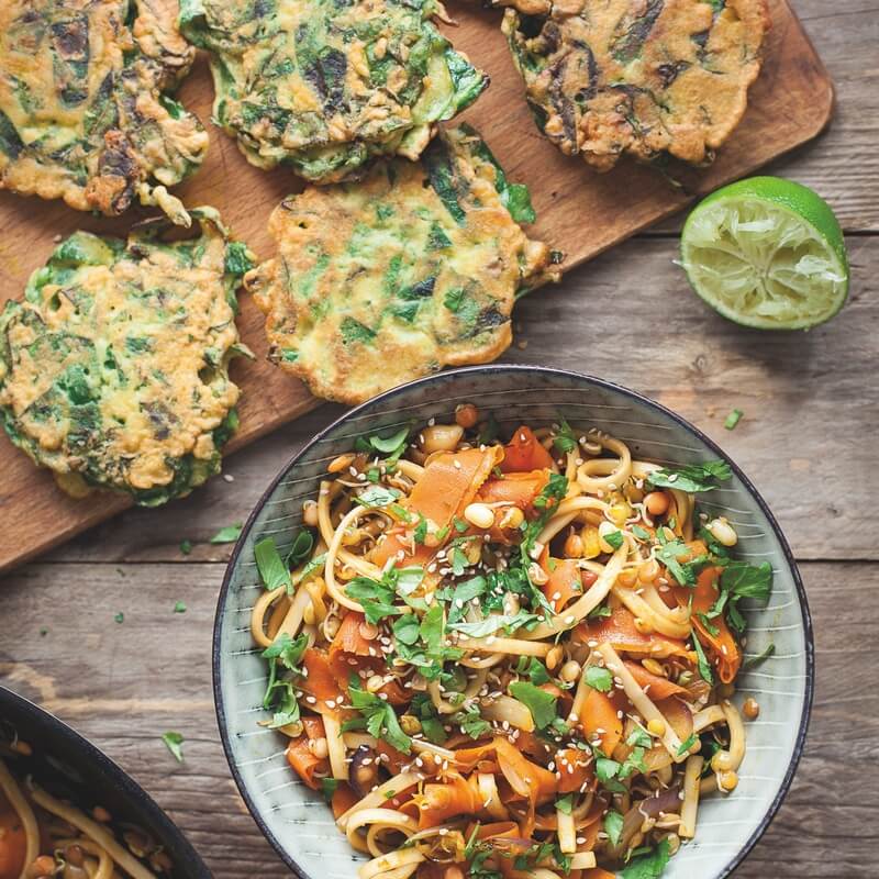 Spring green and wasabi fritters with soba noodle salad / Riverford