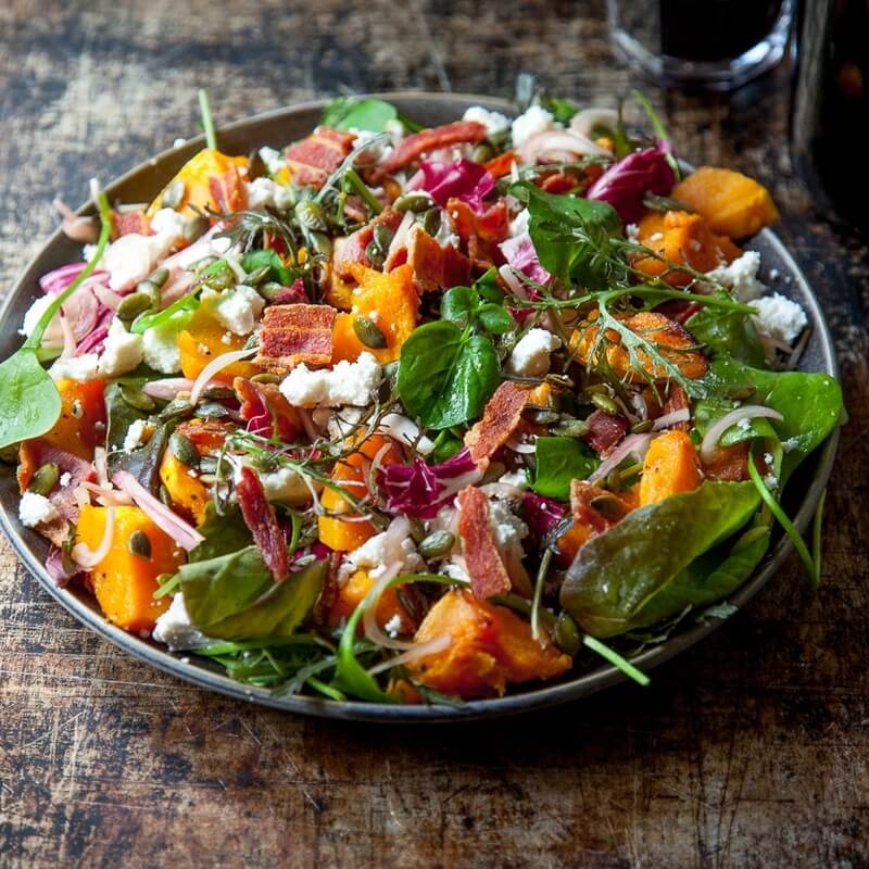 Sweet potato & bacon salad with pumpkin seeds, ricotta & s... / Riverford