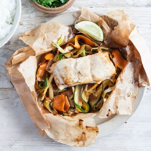 Teriyaki Steamed Fish with Sticky Jasmine Rice recipe / Riverford